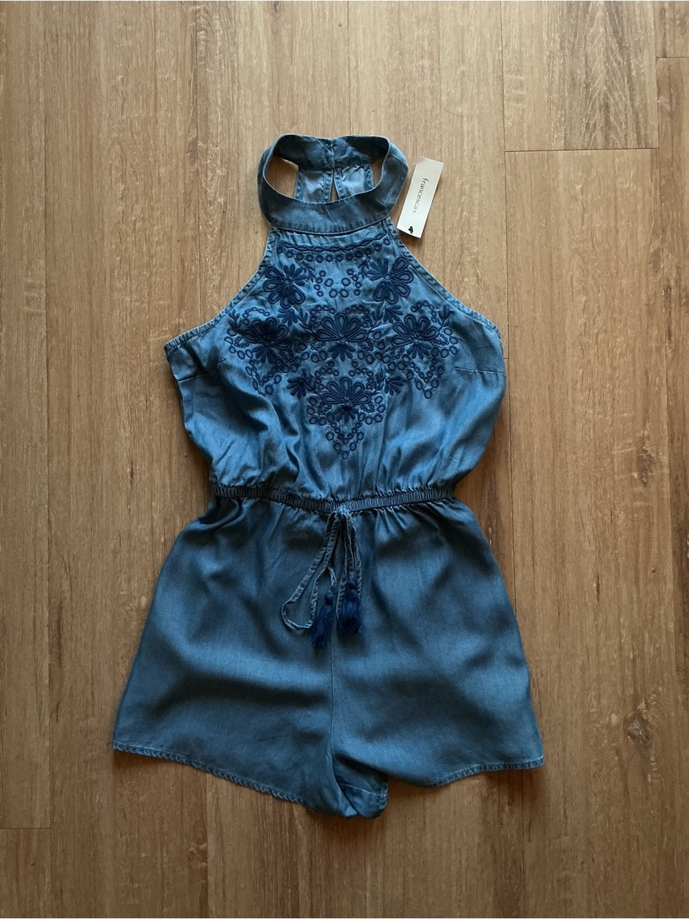 Francesca's Collections Light Blue Embroidered Halter Romper